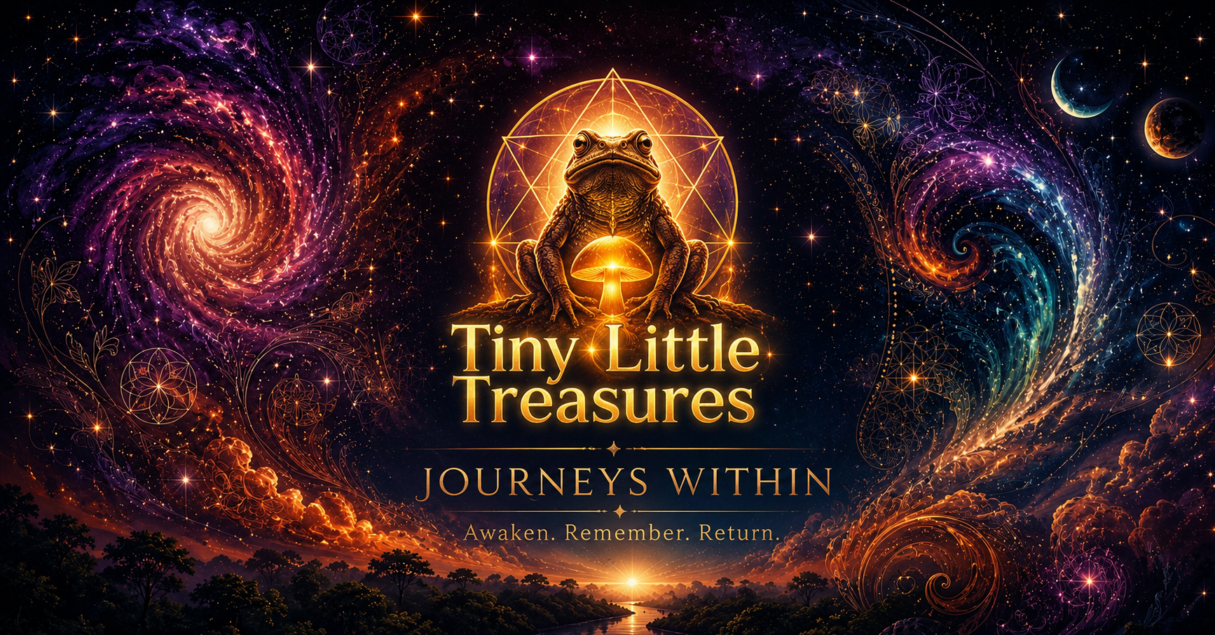 Tiny Little Treasures — Journeys Within: a cosmic toad seated within glowing gold sacred geometry among the stars, with the words Awaken, Remember, Return.