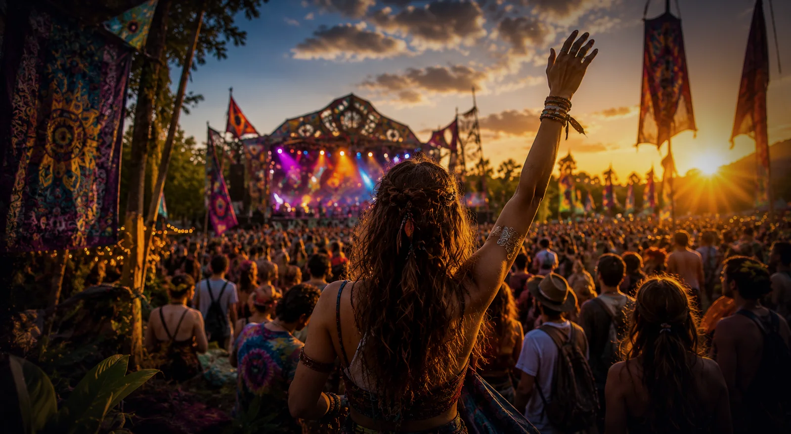 A festival at dusk — music, lights and strangers.