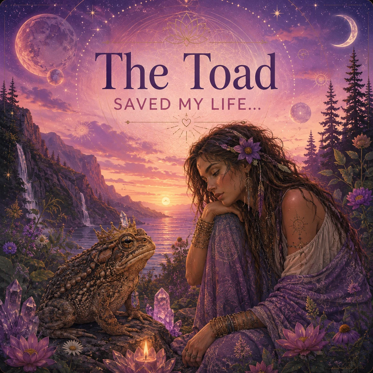 The Toad Saved My Life — a woman resting beside a toad at a violet dusk, sacred geometry in the sky.